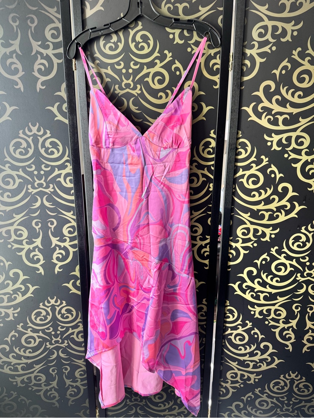 Fashion Nova Pink & Lavender Swirl Asymmetrical Slip Dress